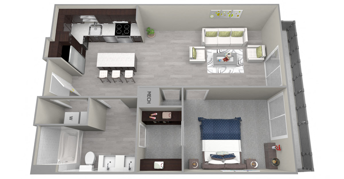 Floor plan for 1 bed, 1 bath, 740 sqft